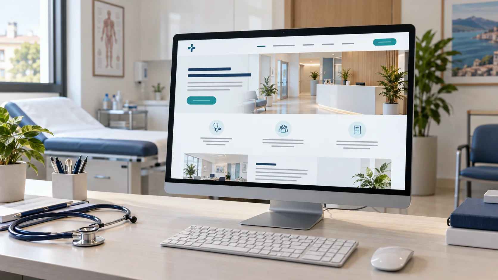 Immagine illustrativa generata con AI: postazione medica con un sito informativo sullo schermo, senza dati di pazienti.