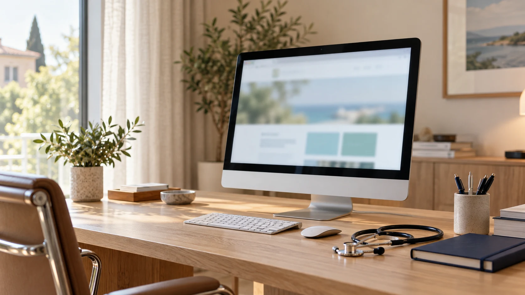 Scrivania di uno studio medico con monitor, sito web sfocato e stetoscopio, illuminata dalla luce naturale.