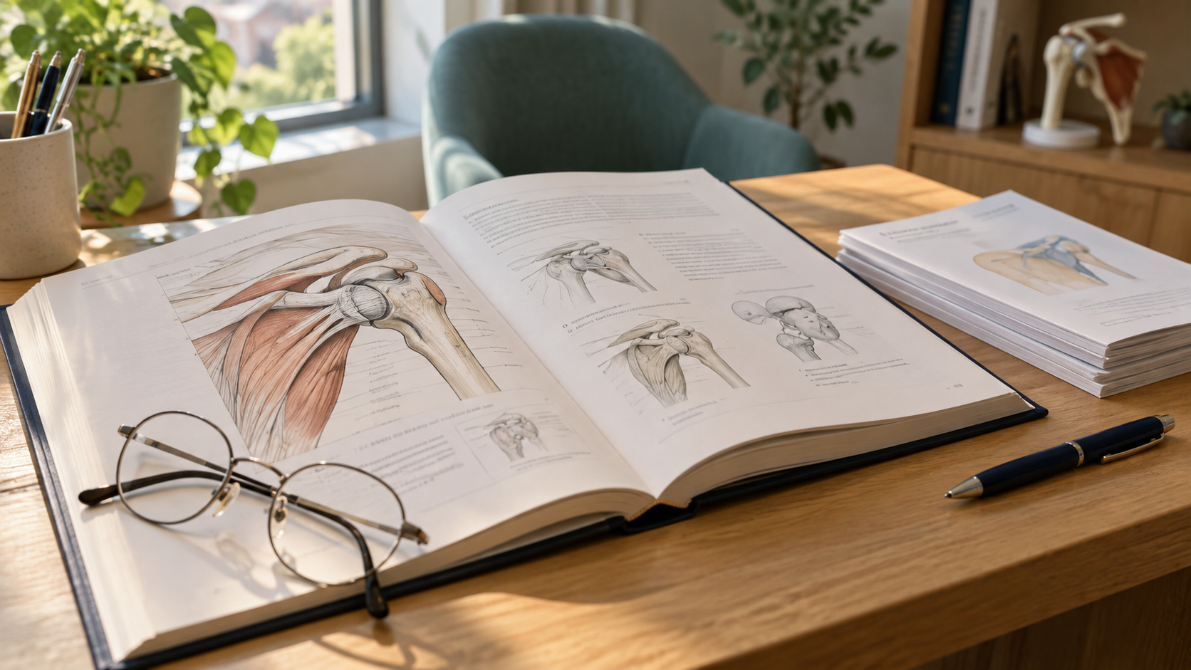 Libro di anatomia aperto sulla scrivania, con occhiali da lettura e materiale informativo sullo sfondo.