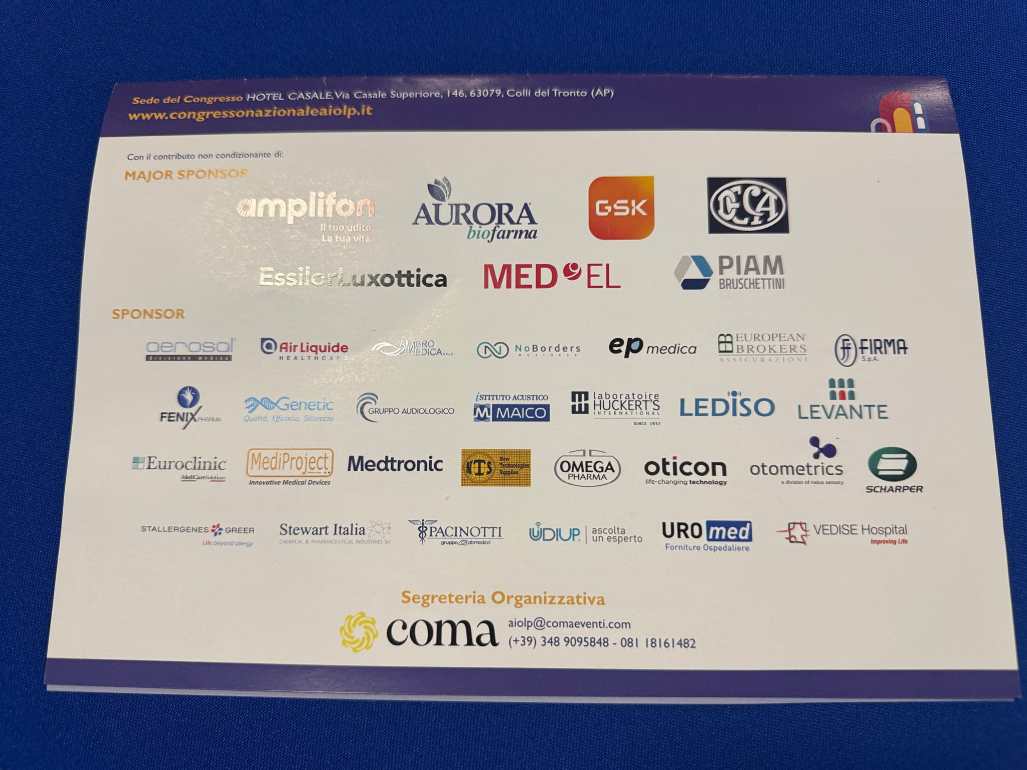 Pagina del programma congressuale con i loghi dei major sponsor, degli sponsor e della segreteria organizzativa.